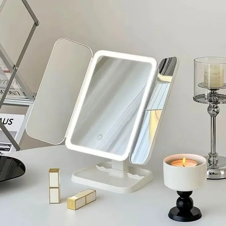 360 degree rotating LED makeup mirror with built-in storage organizer