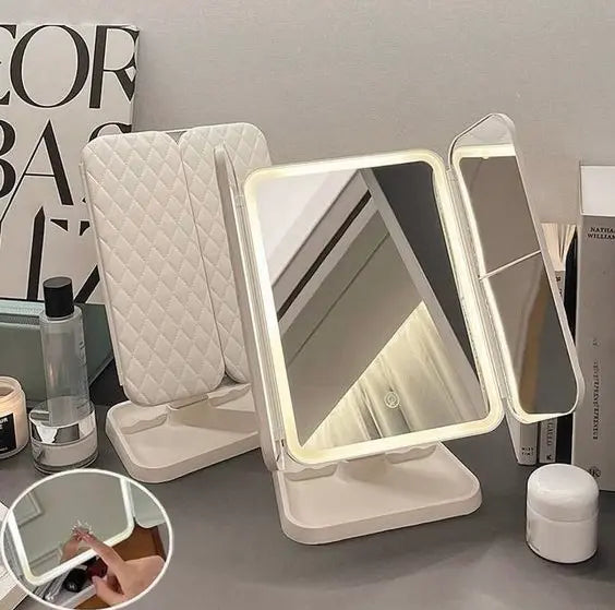 Rotating LED makeup mirror placed on vanity table